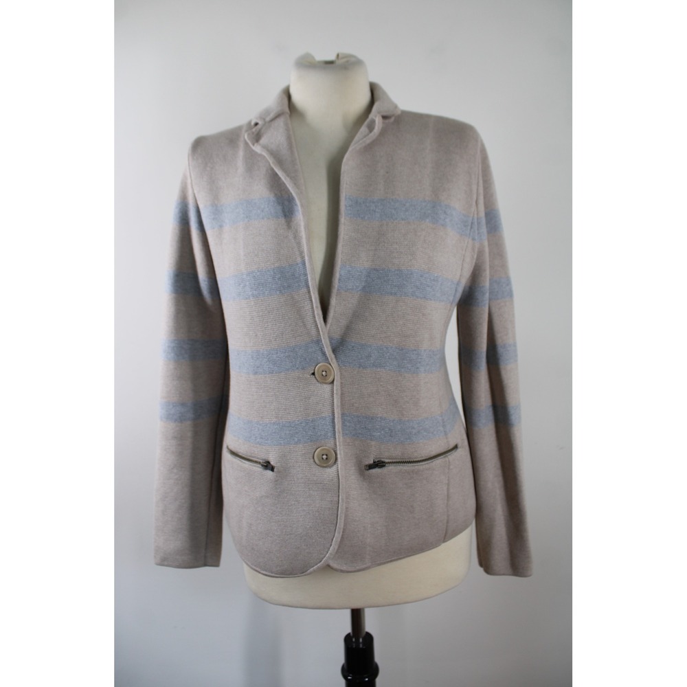 Talbots MP Beige Gray Stripe Sweater Blazer Cotton Blend Knit Jacket Zip Pockets
